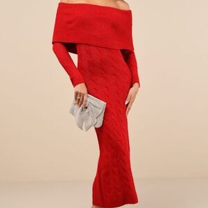 Lulus Cozy Excellence Heather Red Off-the-shoulder Sweater Dress - Size XL